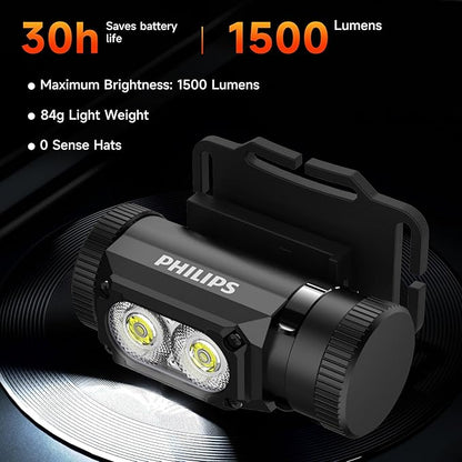 Philips SFL3255 LED Headlamp Rechargeable,1500 Lumens Super Bright Aluminium Magnetic Attraction Head Light Flashlight,Adults-Camping Accessories Gear,5 Modes for Outdoor Setting,USB Cable Included