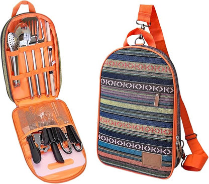 Portable Camping Kitchen Utensil Set-27 Piece Cookware Kit, Stainless Steel Outdoor Cooking and Grilling Utensil Organizer Travel Set Perfect for Travel, Picnics, RVs, Camping, BBQs, Parties and More