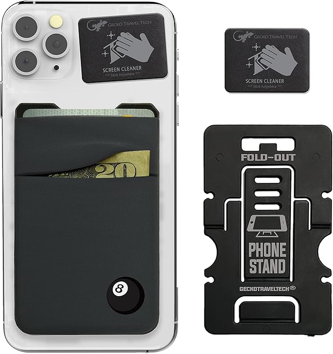Gecko Travel Tech Double Pocket - Adhesive Card Holder - Cell Phone Pouch - Stick on Spandex Pocket - Carry Credit Cards and Cash (8 BALL)
