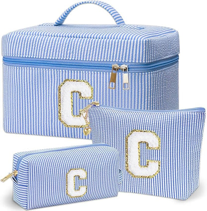 Personalized Monogram Makeup Bag, 3PCS Custom Monogrammed Toiletry Cosmetic Bag for 6-18 Teen Girls Women,Birthday Graduation Gifts Initial Pouch Makeup Bags for Women Girls, Make Up Bag (C, Blue)