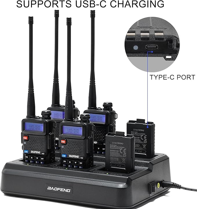Baofeng UV-5R Dual Band Two Way Radio Handheld Ham Radio Long Range Walkie Talkies Pack of 6 for Hiking Camping Hunting Skiing Trip(Black) with 6 Way Charger