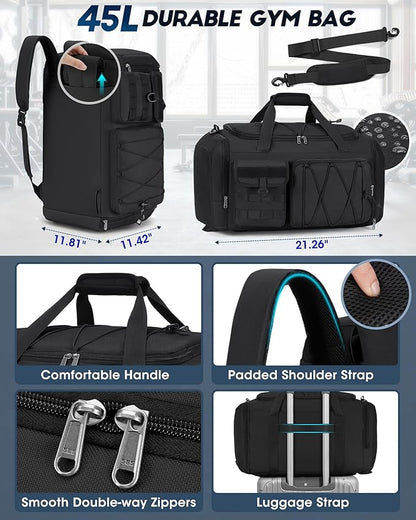 SDYSM Gym Bag for Men 45L Sports Duffel Bags 3-in-1 Travel Duffel Bag with Shoe Compartment, Gym Workout Backpack Carry On Weekender Bag Overnight Bag for Travel, Black