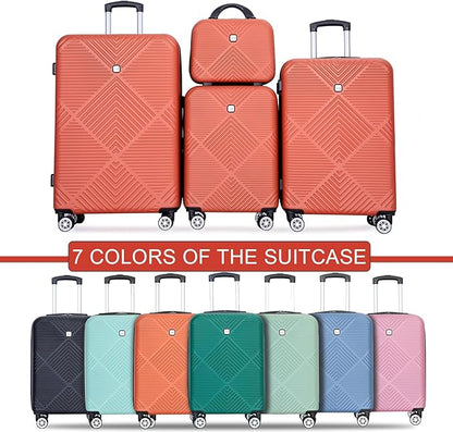 Luggage 4 Piece Set, Hardshell ABS Suitcase Set with Double Spinner Wheels, Lightweight Suitcase, Carry On and Checked Travel Luggage, Dark orange