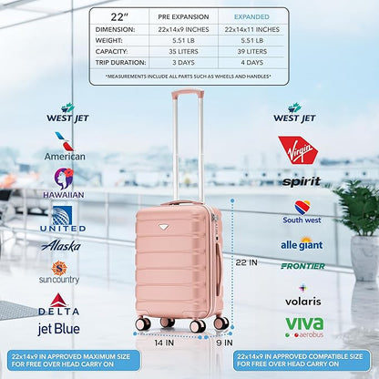 Flight Knight 22x14x9 Expandable Carry On Suitcase Hardside TSA Lock USB C Port Lightweight Luggage Silent Double Spinner Wheels Maximum Overhead Carry-On Bag For American & United Approved Airlines