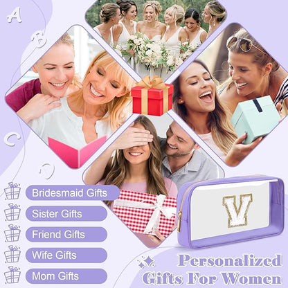 Personalized Initial Letter Clear Makeup Bag,Preppy Small Nylon&PVC Cosmetic Zipper Bag with Chenille Letter,Travel Skincare Toiletry Bag,Monogram Christmas Gift for Teen Girls Women,V