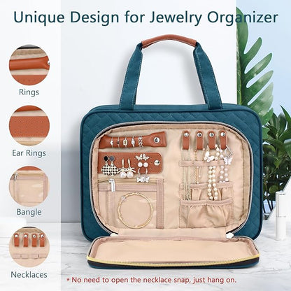 Wedama Toiletry Bag for Women, Hanging Travel Toiletry Bag with Jewelry Organizer Compartment Large Makeup Bag, PVC Waterproof Cosmetic Travel Bag for Travel Business Trips Camping Bathroom, Blue