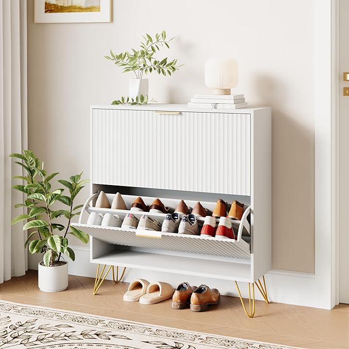 Shoe Storage Cabinet with 2 Flip Drawers, 31.5" W Fluted Shoe Cabinet for Entryway, Hidden Shoe Cabinet Storage, Narrow Free Standing Shoe Orgnaizer Rack Cabinet for Foyer Hallway, White