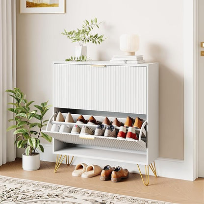 Shoe Storage Cabinet with 2 Flip Drawers, 31.5" W Fluted Shoe Cabinet for Entryway, Hidden Shoe Cabinet Storage, Narrow Free Standing Shoe Orgnaizer Rack Cabinet for Foyer Hallway, White