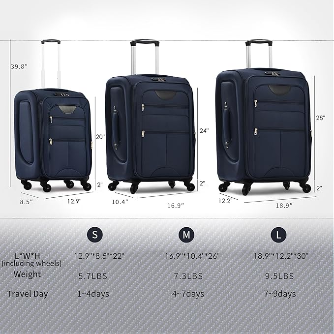Luggage Sets 3 Piece Softside Expandable Lightweight Durable Softshell Suitcase Sets Spinner Wheels TSA Lock