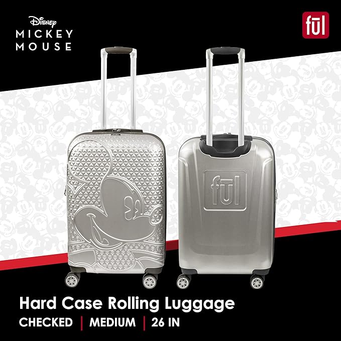 FUL Disney Mickey Mouse 26 Inch Rolling Luggage, Hardshell Suitcase with Spinner Wheels, Silver