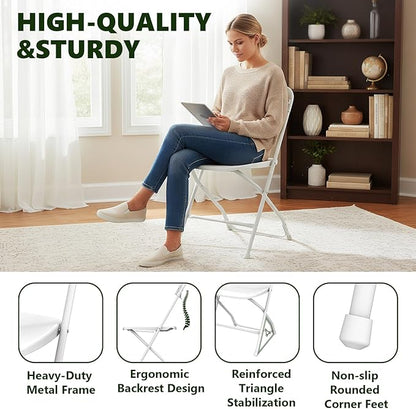 Folding Chair 10Pack,Plastic Folding Chairs for Outside,Heavy Duty Foldable Chair,Sturdy Metal Indoor Outdoor Folding Chairs,350 lbs Capacity,for Home,Office,Patio,Comfy,White