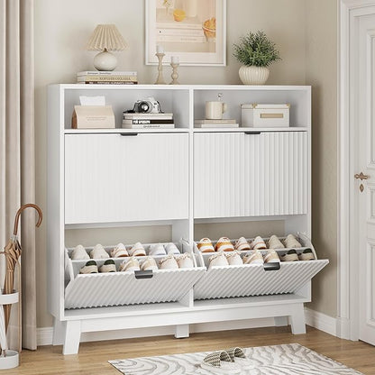 Shoe Cabinet with 4 Flip Drawers, 46" Tall Narrow Fluted Shoe Storage Organizer for Entryway, Hidden Slim Wooden Shoe Rack Cabinet for Front Door Entrance, Hallway, Living Room, Solid White
