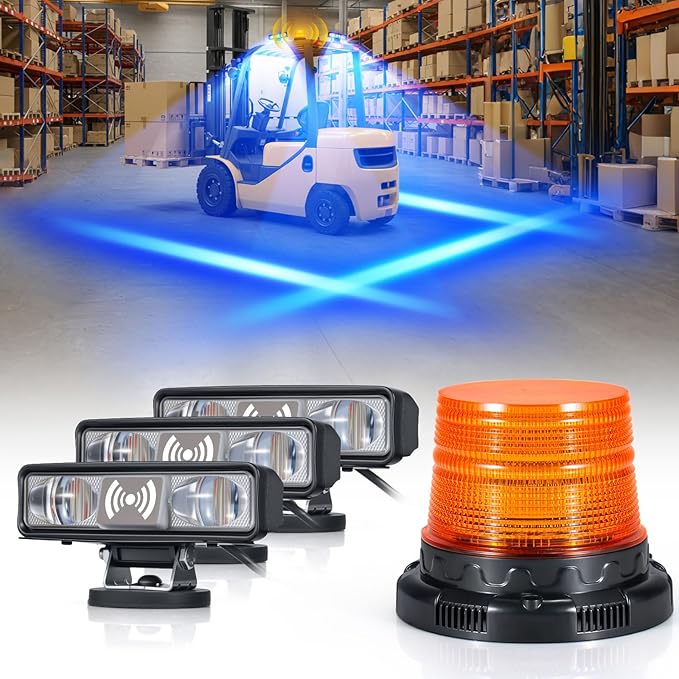 Radar Motion Alarm System Safety Warning, Magnetic Forklift Safety Light 3‑Pack with Radar Sensor, Flashing LED Amber Strobe Light with Voice Alarm for Enhanced Warehouse Safety, DC 12–100V