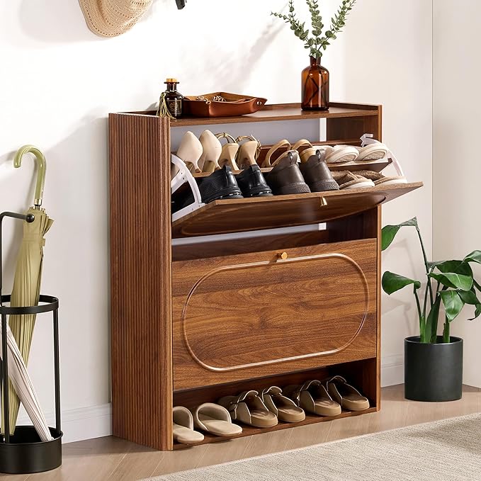 ORRD Shoe Storage Cabinet with 2 Flip Drawers Set of 2, Wood Narrow Shoe Cabinet for Entryway, Fluted Hidden Shoe Organizer, Freestanding Slim Shoes Cabinets for Foyer, Hallway-Walnut