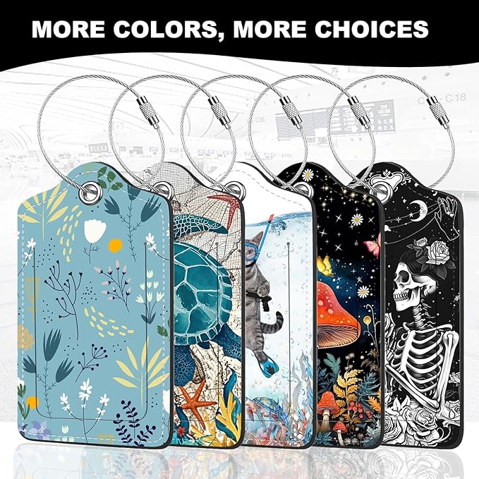 2Pack Luggage Tags for Suitcases, Cute Unique Pu Leather Cruise Luggage Tag with Privacy Cover ID Label Address Card and Metal Ring Suitable for Women Men Kids Travel Bag Mushrooms and The Moon