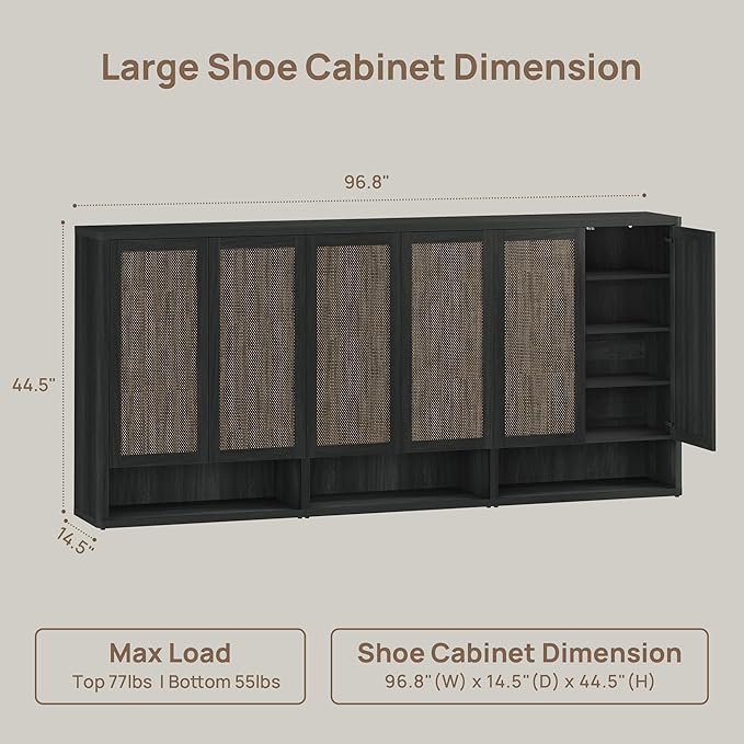 SICOTAS Rattan Shoe Storage Cabinet - Modular Shoe Cabinets with Door Tall Large Shoe Cabinet Storage for Entryway - 96.8" Wide Modular Cabinet for Hallway, Living Room