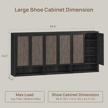 SICOTAS Rattan Shoe Storage Cabinet - Modular Shoe Cabinets with Door Tall Large Shoe Cabinet Storage for Entryway - 96.8" Wide Modular Cabinet for Hallway, Living Room