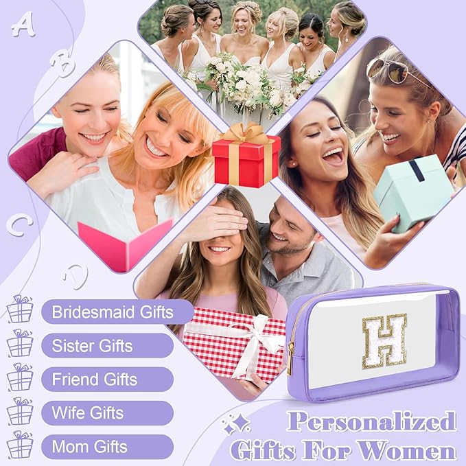 Personalized Initial Letter Clear Makeup Bag,Preppy Small Nylon&PVC Cosmetic Zipper Bag with Chenille Letter,Travel Skincare Toiletry Bag,Monogram Christmas Gift for Teen Girls Women,H