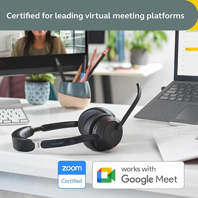 Jabra Evolve2 55 Stereo Wireless Headset - Charging Stand, AirComfort Technology, Noise-Cancelling Mics & Active Noise Cancellation - Works with UC Platforms Such as Zoom & Google Meet - Black