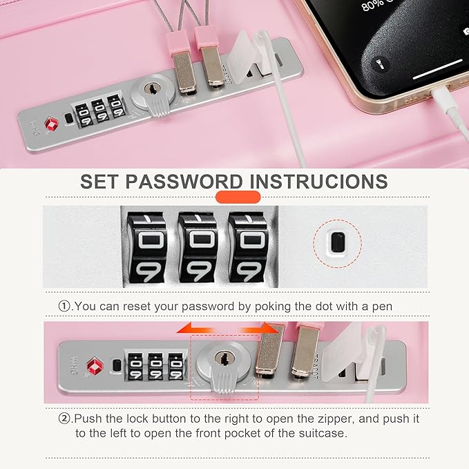 Merax 4-Piece Luggage Set with USB Charging Ports Suitcase with TSA Lock Travel Duffel Bag Wet-Dry Toiletry Bag, pink+Bag