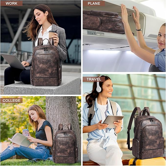 Leather Backpack for Women, Fits 15.6 Inch Laptop, Soft Vegan Leather Backpack for Travel and Daily Use, Coffee