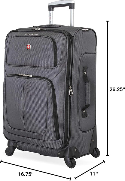 SwissGear Sion Softside Expandable Luggage – Medium Checked Suitcase with 360 Degree Wheels & Retractable Handle – 25 Inch, Perfect for 1-7 Night Trips – Dark Gray