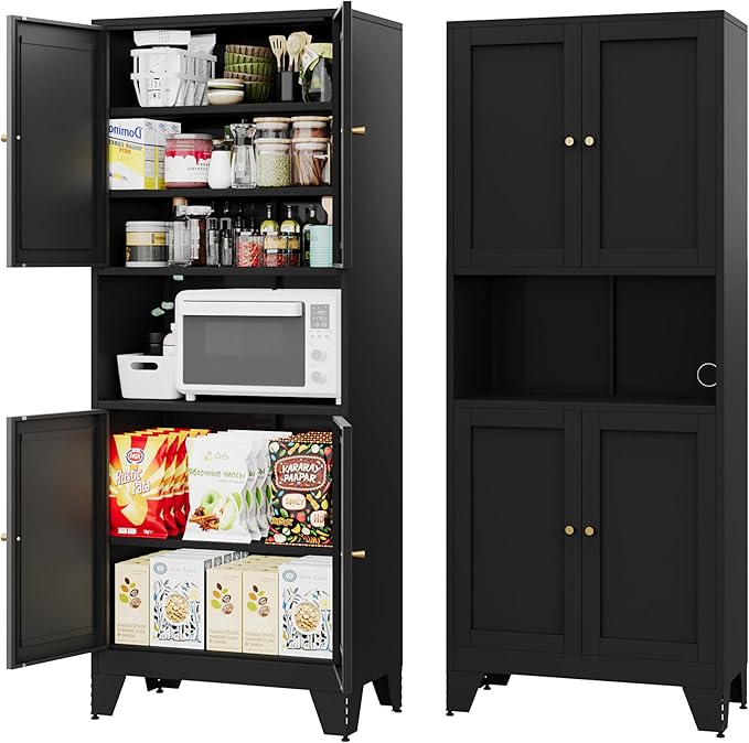 69" Tall Metal Kitchen Pantry Storage Cabinet with Microwave Stand | White | Modern Freestanding Food Buffet Cabinet | Kitchen Hutch | Coffee Bar Hutch for Dining & Living Room