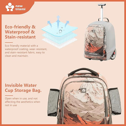 NEW TILAMI 20" Rolling Backpack for Teens Adults, Climbing Stairs Waterproof Backpack with Wheels for School Business Trave Camping with Laptop Compartment, Fit 17 Inch Laptop, Pcturesque Mountain