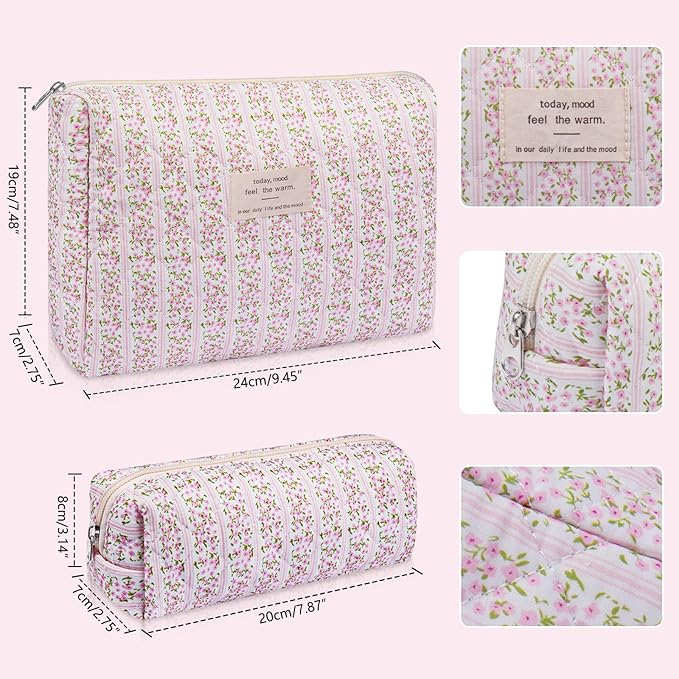 2PC Makeup Bag Set, Cute Cosmetic Bag for Women Girls, Floral Coquette Aesthetic Toiletry Bag, Travel Make Up Organizer Bag (Cat Print)