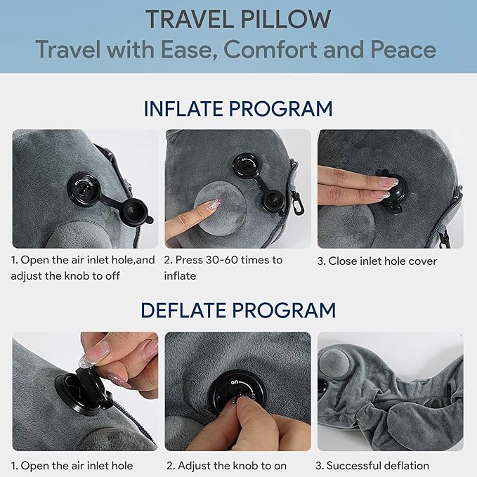 Inflatable Travel Neck Pillow for Airplane & Long Flights | 360° Cervical Support | Ultra-Compact & Lightweight with Washable Velour Cover | Easy Manual Pump Inflation