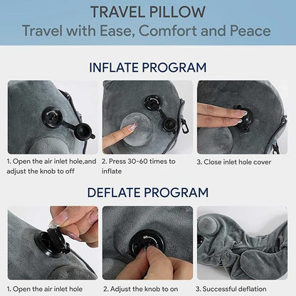 Inflatable Travel Neck Pillow for Airplane & Long Flights | 360° Cervical Support | Ultra-Compact & Lightweight with Washable Velour Cover | Easy Manual Pump Inflation