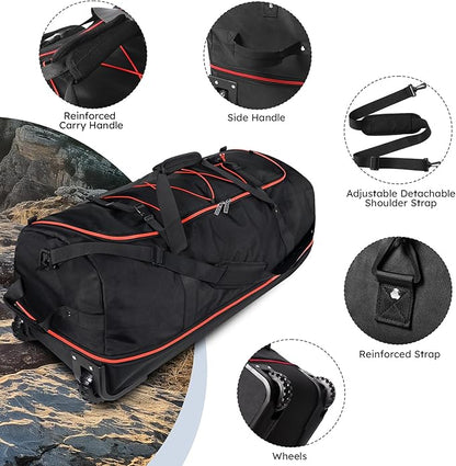 110L Expandable to 140L 32” Foldable Oxford Soft-Sided Rolling Duffle Bag with 2 Heavy-Duty Wheels,3 Large Compartments,Adjustable Shoulder Strap and Attached Organizer Pouch,Black Red