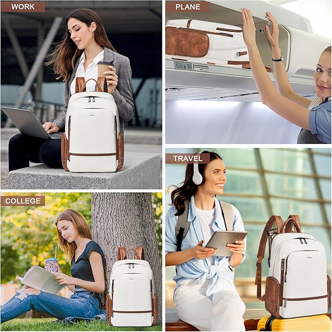 Leather Backpack for Women, Fits 15.6 Inch Laptop, Soft Vegan Leather Backpack for Travel and Daily Use, Beige