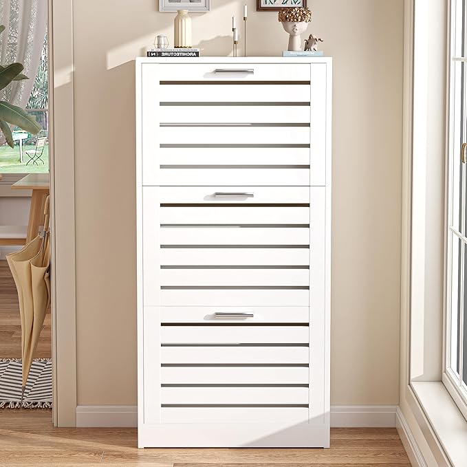 VECELO Shoe Storage Cabinet with 3 Flip Drawers, Slim Hidden Free Standing Organizer for Narrow Entryway, Adjustable Shelf, Modern Style, White (47.8" x 23.6" x 11.4")
