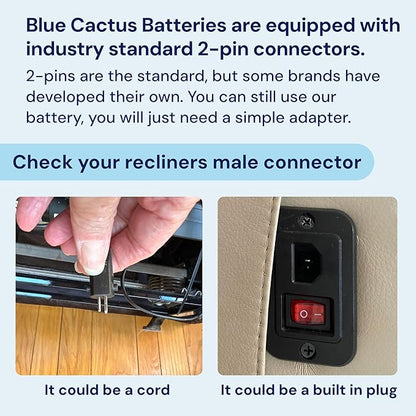 The Blue Cactus Company Battery Pack for Reclining Furniture - 2500mAh, 2-Pin Connector - LCD Display for Recliner Chair - Portable Power Supply - Cord-Free Floors