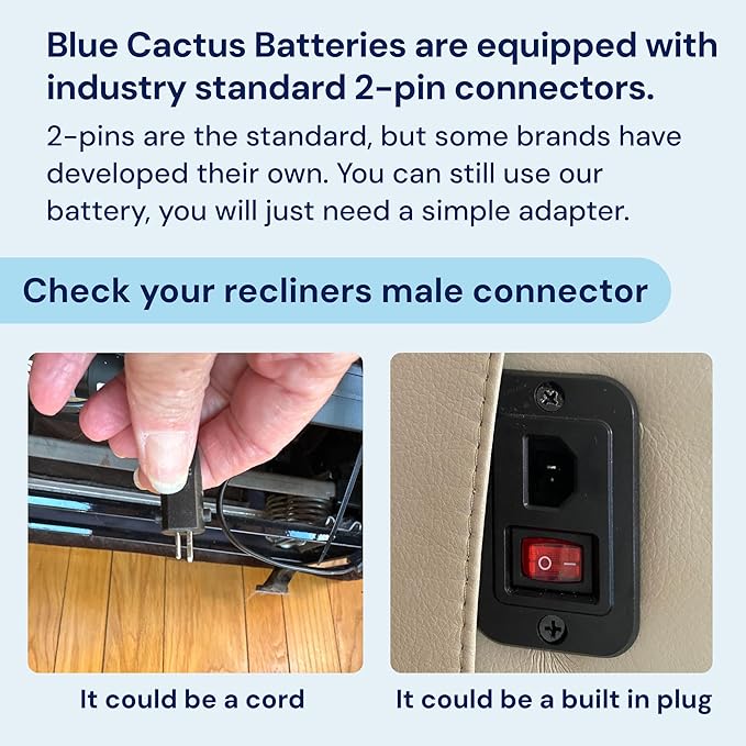 The Blue Cactus 2500mAh Furniture Battery Kit - Battery, Power Transformer, Power Cord - 2-Pin Furniture Connector - with LCD Display for Simple Recliner Chairs