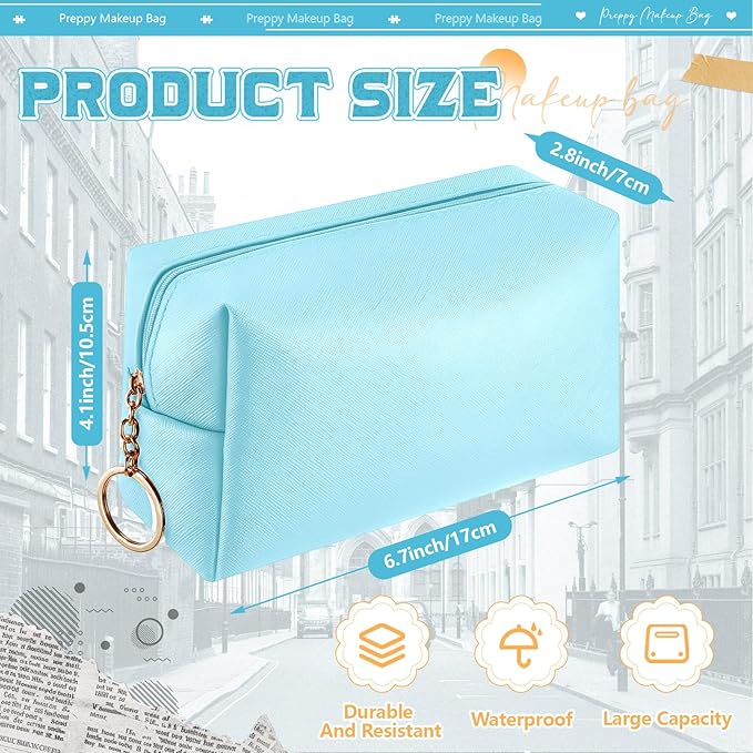 Chunful 24 Pcs Preppy Makeup Bag PU Leather Cosmetic Bag Bulk Makeup Plain Pouch Waterproof Toiletry Purse for Women Traveling Preppy Pencil Case Travel Purse Cosmetic (Blue)