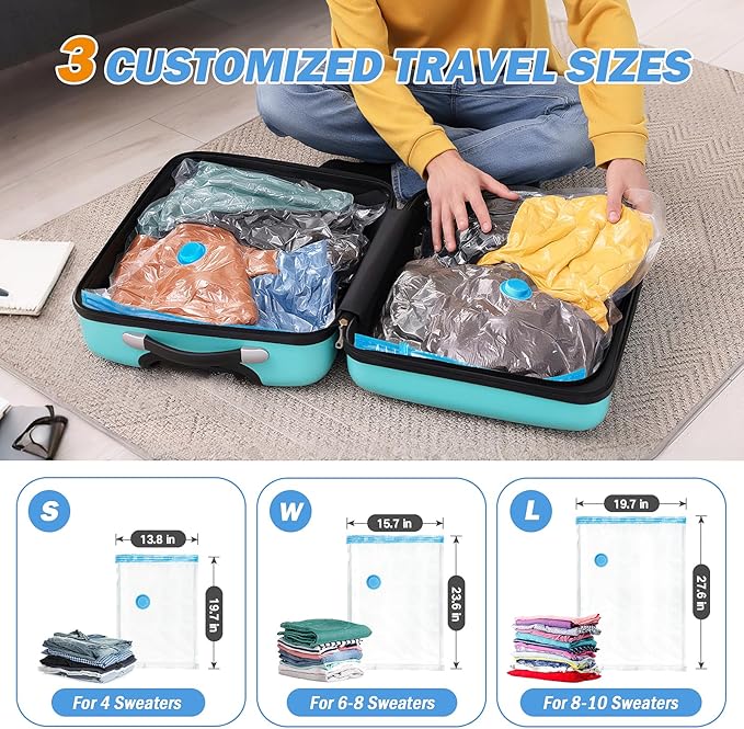 Vacuum Storage Bags with USB Electric Pump, 12 Pack Vacuum Seal Bags for Clothing Travel(4 Large/4 Medium/4 Small), Portable Space Saver Bag for Travel Luggage, Blankets