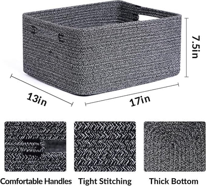 Large Storage Baskets for Shelves, Closet Organizers Bins for Clothes Blanket Towels, Baby Nursery, Toy Baskets Box, Woven Rope Baskets, 17 x 13 x 7.5”, 2 Packs Dark Gray