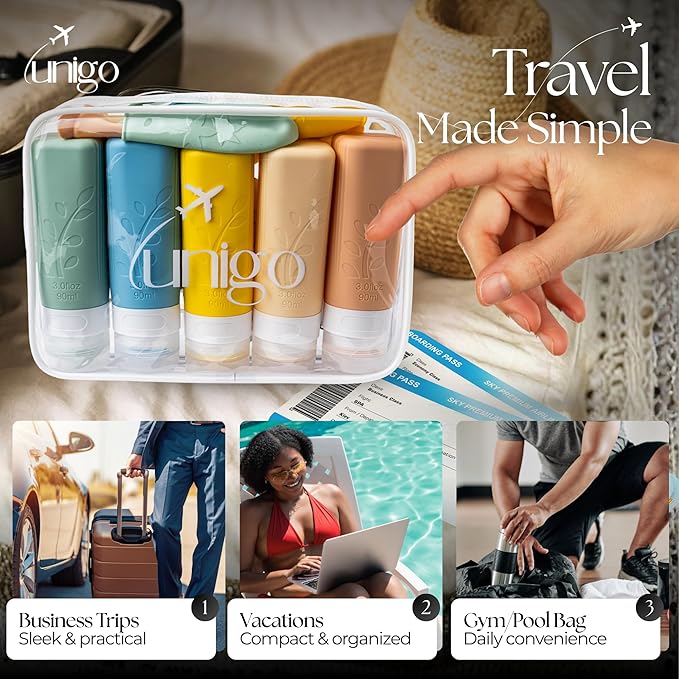 unigo Travel Bottles For Toiletries, 5-pack 3.oz TSA Aprroved Travel Size Bottles, Containers For Toiletries, BPA Free, Leak Prrof, Refillable Containers Bottles (MultiColor A)