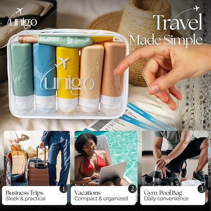 unigo Travel Bottles For Toiletries, 5-pack 3.oz TSA Aprroved Travel Size Bottles, Containers For Toiletries, BPA Free, Leak Prrof, Refillable Containers Bottles (MultiColor A)