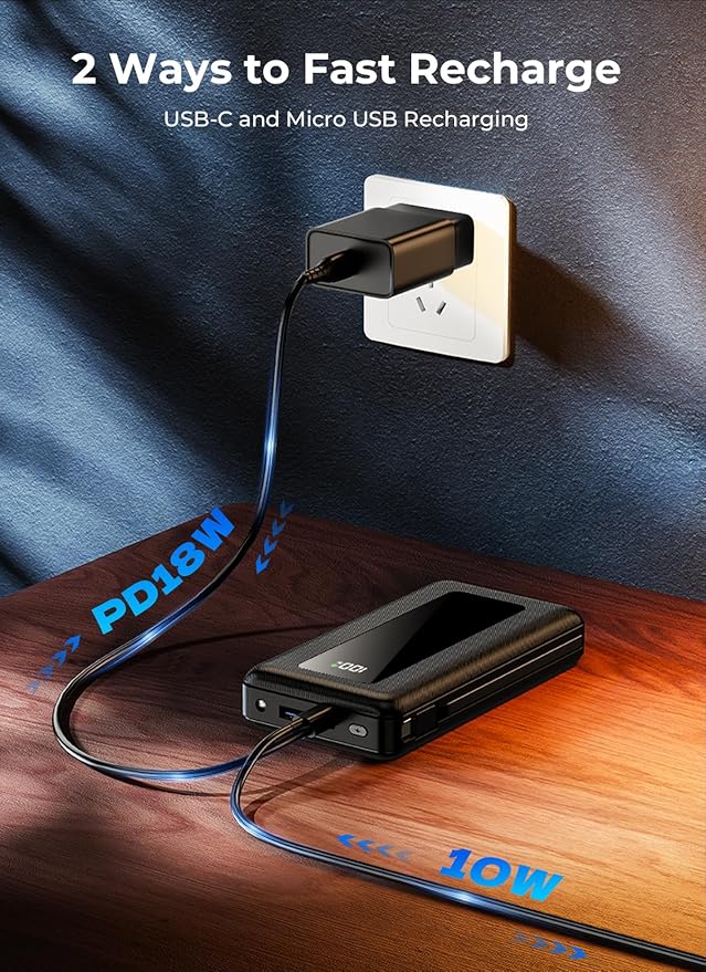 Portable Charger, 50000mAh Power Bank with Built-in Cables, PD 22.5W Fast Charging with Flashlight, High-Capacity Portable Phone Charger for iPhone, Android, Travel Camping Essential