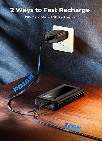Portable Charger, 50000mAh Power Bank with Built-in Cables, PD 22.5W Fast Charging with Flashlight, High-Capacity Portable Phone Charger for iPhone, Android, Travel Camping Essential