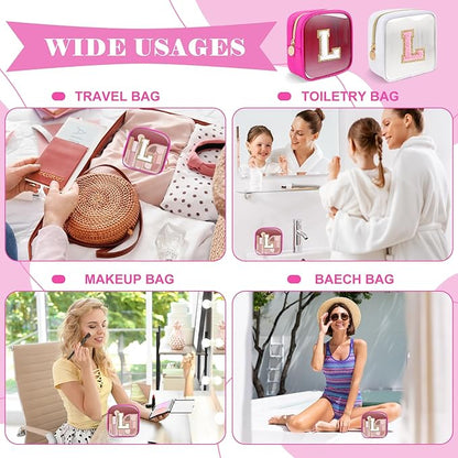Personalized Initial Letter Clear Preppy Makeup Bag,Mini Nylon Chenille Letter Cosmetic Bag Cute Zipper Pouch Coin Purse for Teen Girls,Portable TSA Approved Travel Essentials Bag Gift for Women,L