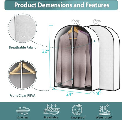 32” Garment Bags for Hanging Clothes 4” Gusseted - with Clear Window, Breathable Fabric, Metal Zipper, Suit Coat Fur Protector for Closet storage, clothes Season Off, Moving, 5 Pack