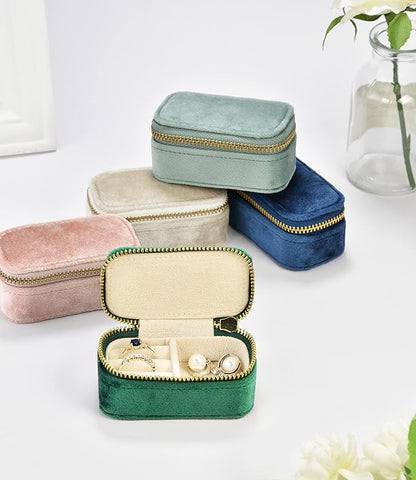 TAIMY Mini Jewelry Travel Case, Velvet Small Travel Jewelry Box, Portable Jewelry Travel Organizer Box for Rings Earrings Necklaces, Gifts for Women Girls(Beige)