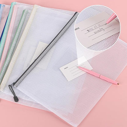 28Pcs Mesh Zipper Pouch Bags，A4 Mesh Storage Bags with Label Pocket，Waterproof Pouches for Organization School, Office & Travel，7 Colors