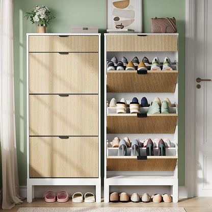 GAOMON Shoe Cabinet with 3 Flip Drawers, Entryway Cabinet with Adjustable Shelves, Accommodate 12 to 18 Pair of Shoes, Space-Saving Slim Shoe Cabinet for Entryway, Hallway, Front Door, White Oak