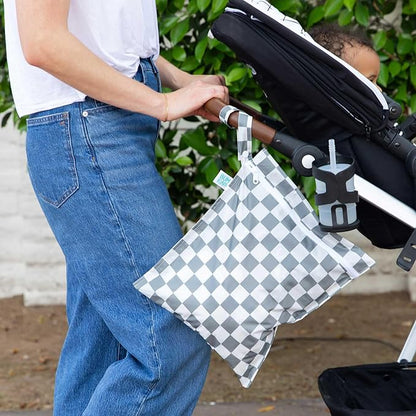 Bumkins - Waterproof Wet Bag & Wet/Dry Clutch Bags - For Beach, Baby, Travel, Swim Suit, Cloth Diapers, Pump Parts, Pool, Gym, Toiletries - Reusable & Easy to Clean - Gray Check - 2 Pack