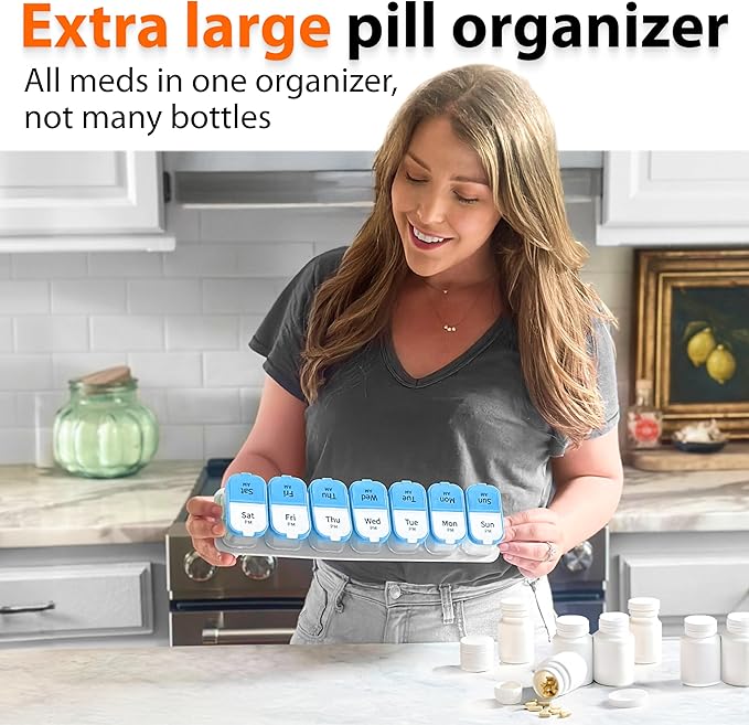 Extra Large Weekly Pill Organizer - XL Daily Pill Box - 7 Day Am Pm Pill Case Jumbo Pill Container for Supplements Big Pill Holder Twice A Day Oversized (Blue/White)